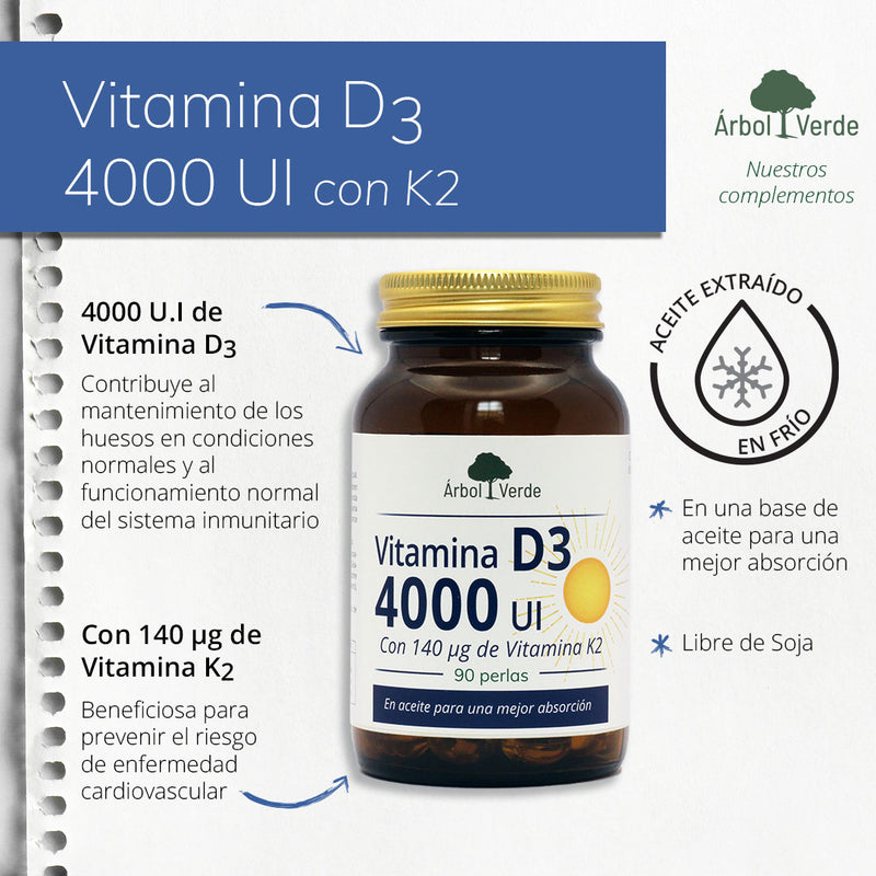 Monografico Vitamina D3 4000 UI + K2 - 90 Perlas. Árbol Verde. Herbolario Salud Mediterrranea