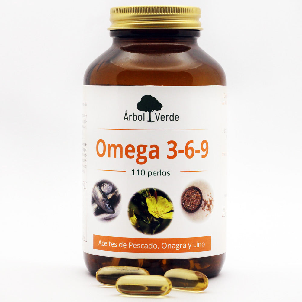 Bote y perlas de Omega 3,6,9 - 110 Perlas. Árbol Verde. Herbolario Salud Mediterránea