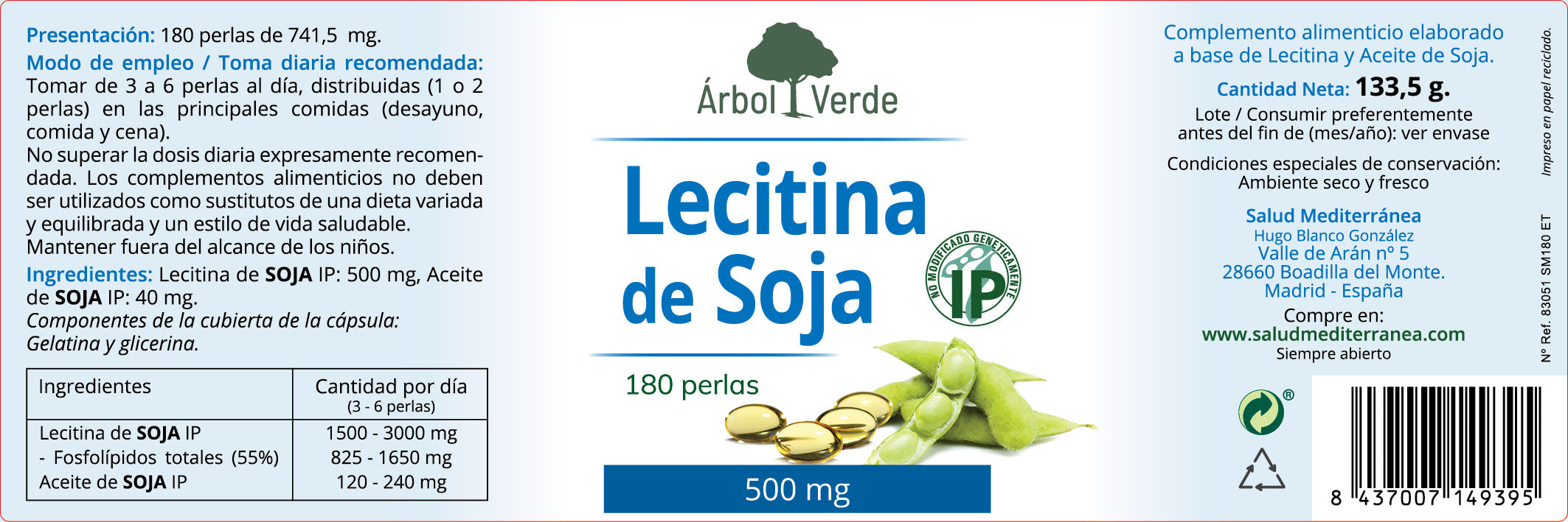 Etiqueta de Lecitina de Soja - 180 Cápsulas Blandas. Árbol Verde. Herbolario Salud Mediterránea