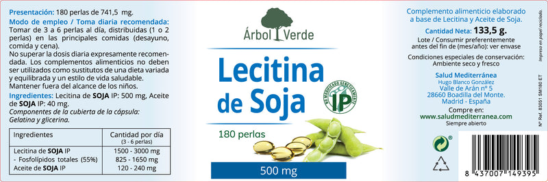 Etiqueta de Lecitina de Soja - 180 Cápsulas Blandas. Árbol Verde. Herbolario Salud Mediterránea