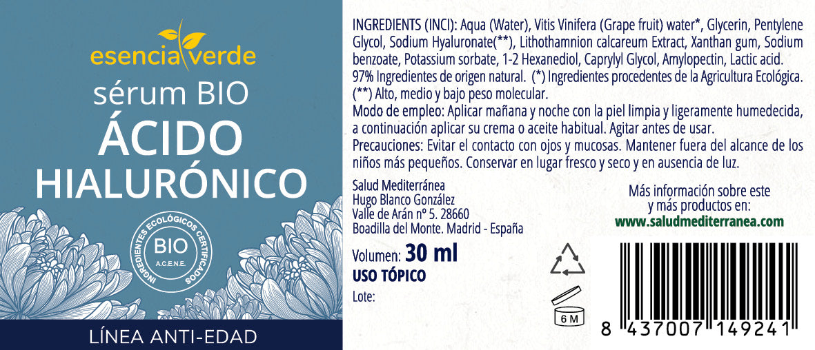 Serum Ácido Hialurónico, Esencia Verde. Herbolario Salud Mediterranea