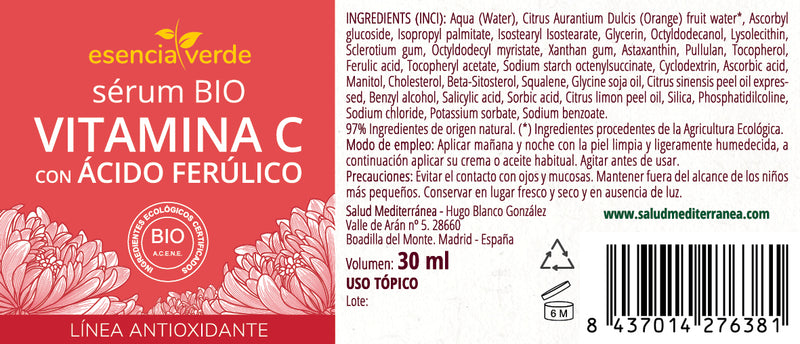 Etiqueta Sérum Vitamina C con Ácido Ferúlico BIO - 50 ml. Esencia Verde. Herbolario Salud Mediterranea