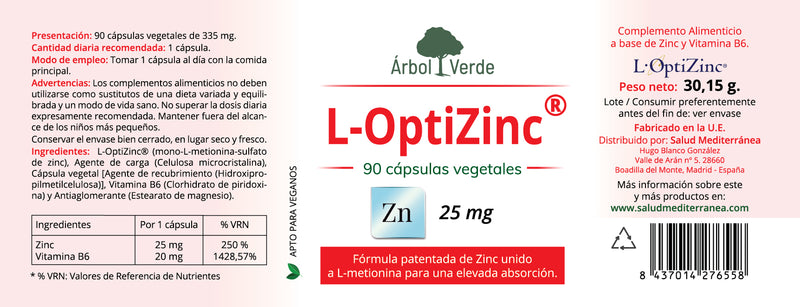 Etiqueta L-Optizinc - 90 Cápsulas. Árbol Verde. Herbolario Salud Mediterránea