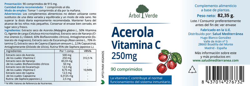Etiqueta Acerola Vitamina C 250 mg - 90 Comprimidos. Árbol Verde. Herbolario Salud Mediterranea
