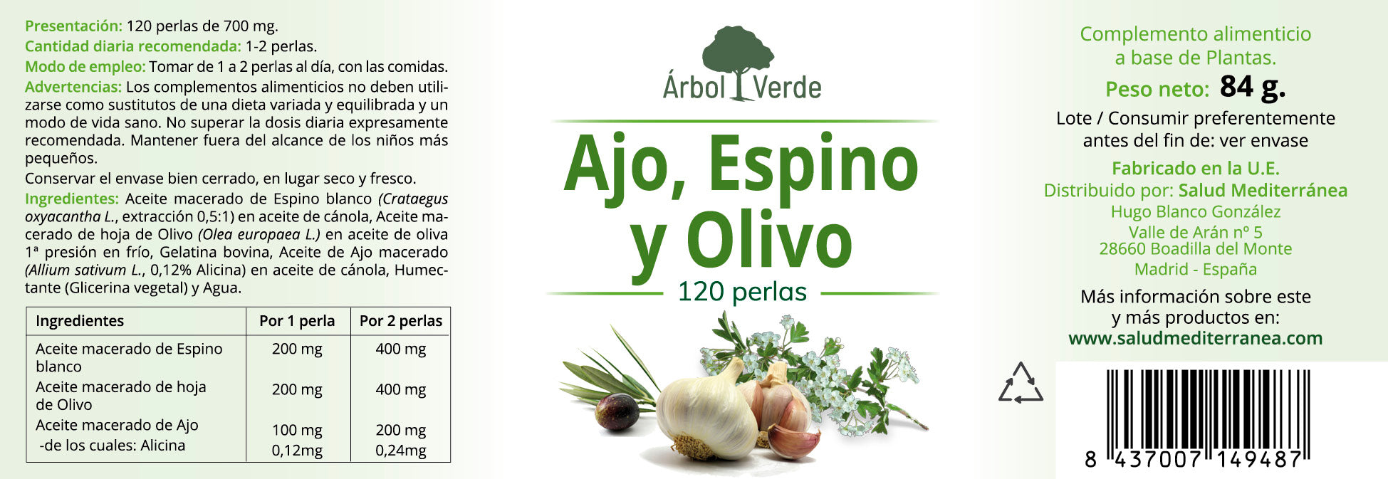 Etiqueta Ajo, Espino y Olivo - 120 Perlas. Árbol Verde. Herbolario Salud Mediterranea