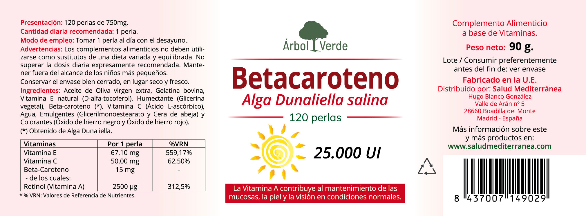 Betacaroteno de Alga Dunaliella salina - 120 Perlas. Árbol Verde. Herbolario Salud Mediterranea