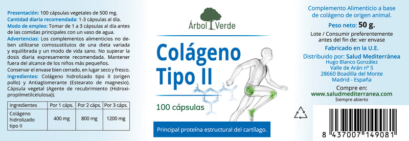 Etiqueta Colágeno Tipo II - 100 Cápsulas. Árbol Verde. Herbolario Salud Mediterránea