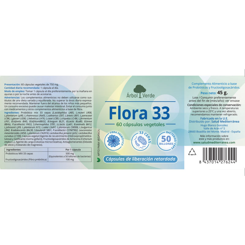 Etiqueta Flora 33 - 60 Cápsulas. Árbol Verde. Herbolario Salud Mediterránea
