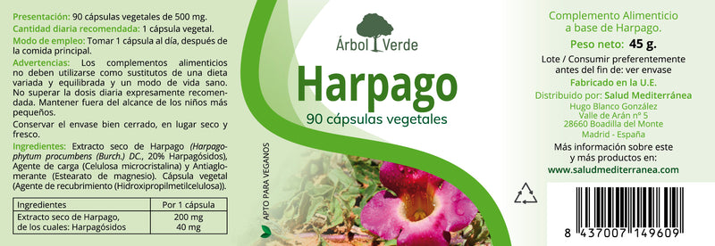 Etiqueta Harpago - 90 Cápsulas. Árbol Verde. Herbolario Salud Mediterranea