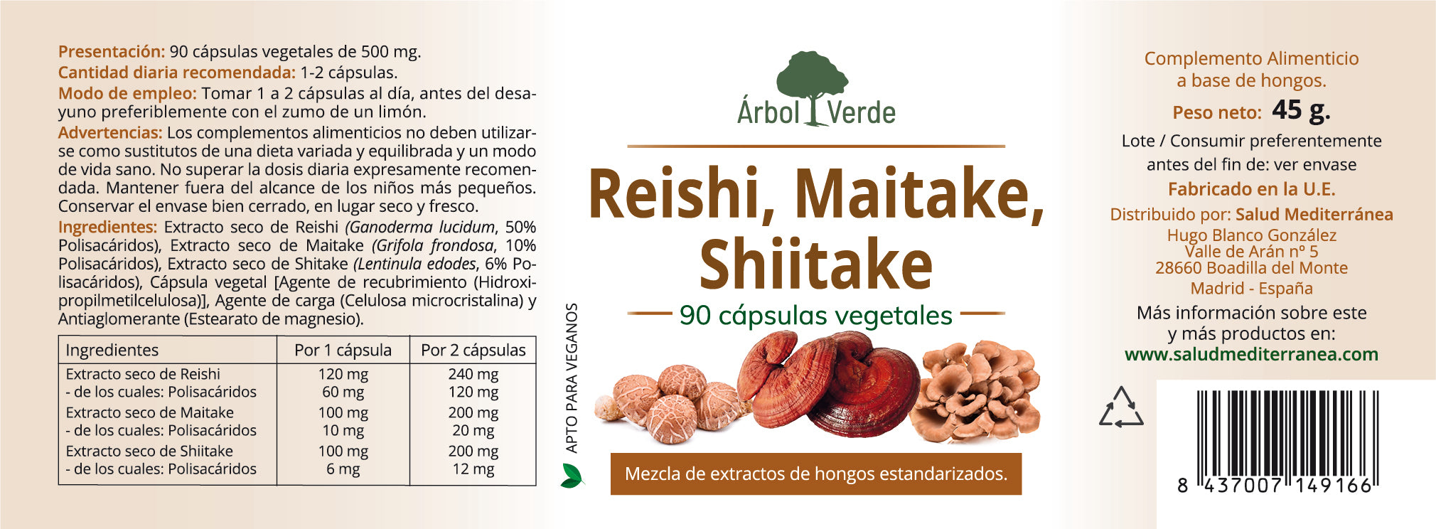 Etiqueta Reishi, Maitake, Shiitake - 90 Cápsulas. Árbol Verde. Herbolario Salud Mediterránea