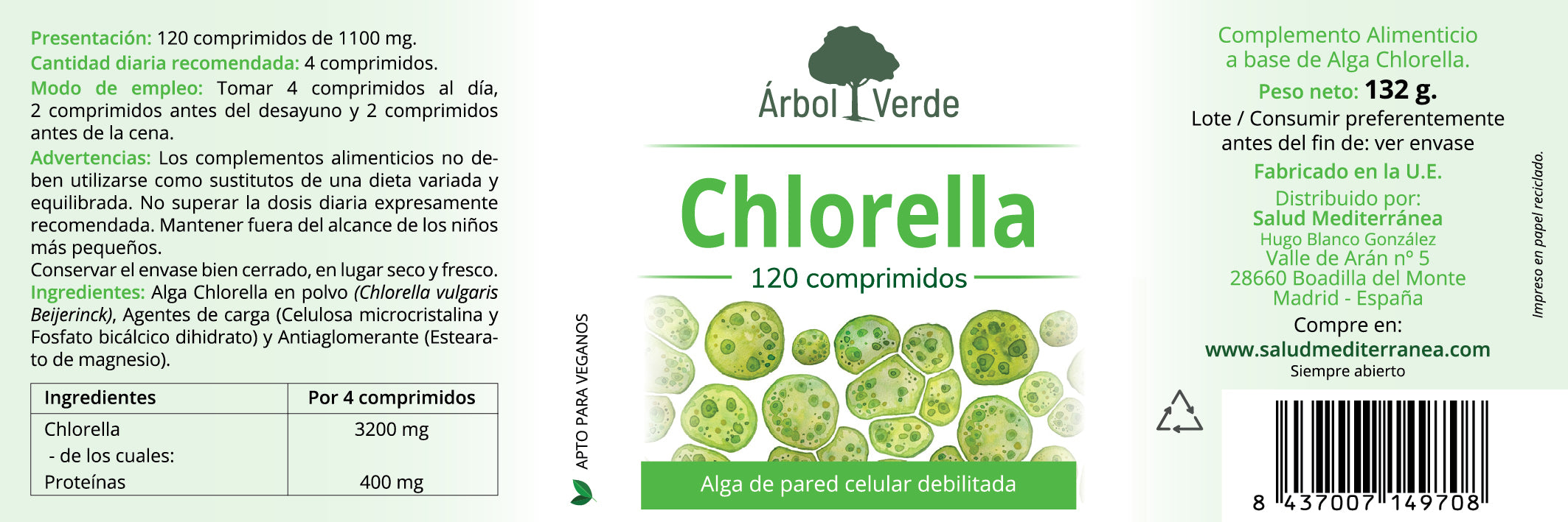 Etiqueta Chlorella (De pared celular debilitada) - 120 Comprimidos. Árbol Verde. Herbolario Salud Mediterránea