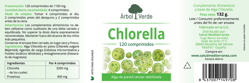 Etiqueta Chlorella (De pared celular debilitada) - 120 Comprimidos. Árbol Verde. Herbolario Salud Mediterránea