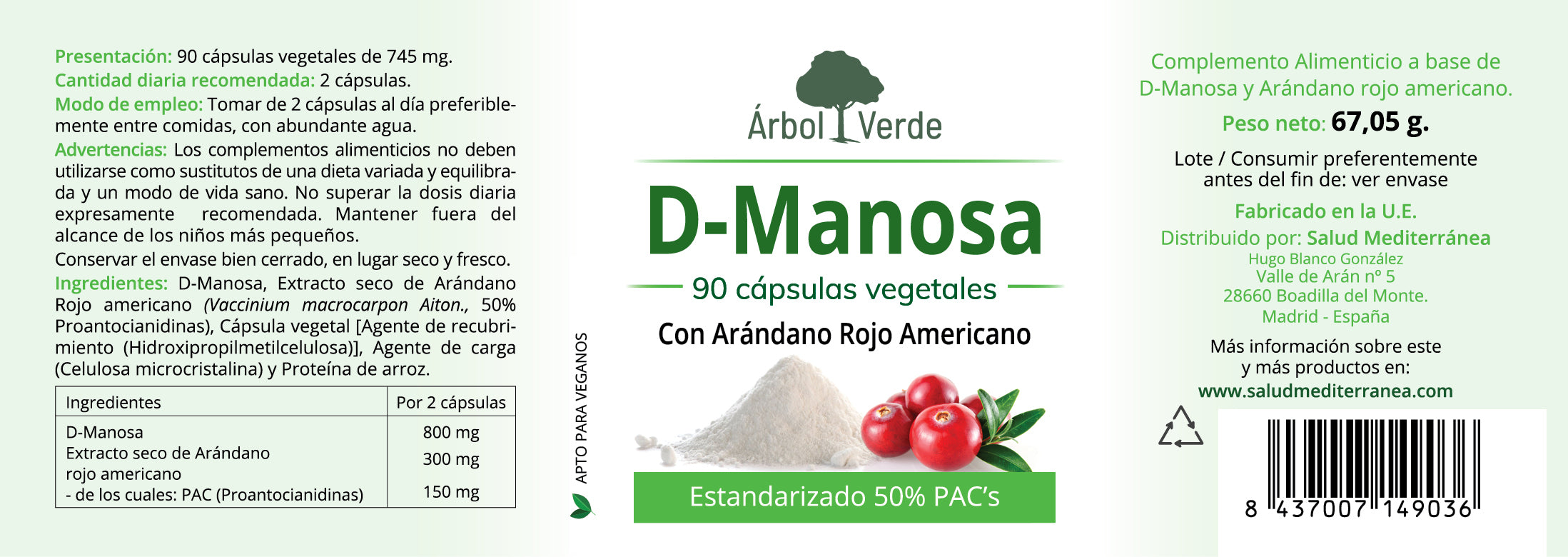 Etiqueta D-Manosa con Arándano Rojo Americano - 90 Cápsulas. Árbol Verde. Herbolario Salud Mediterranea