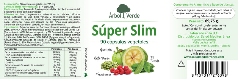 Etiqueta Súper Slim - 90 Cápsulas. Árbol Verde. Herbolario Salud Mediterranea