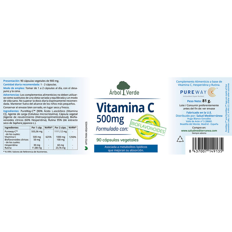Etiqueta Vitamina C PureWay 500 mg con Bioflavoniodes - 90 Cápsulas. Árbol Verde. Herbolario Salud Mediterránea