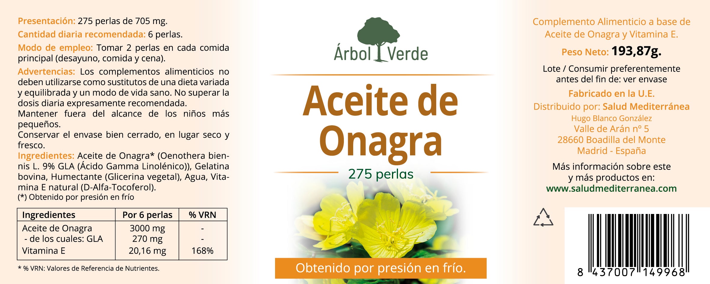 Etiqueta Aceite de Onagra - 275 Perlas. Árbol Verde. Herbolario Salud Mediterranea