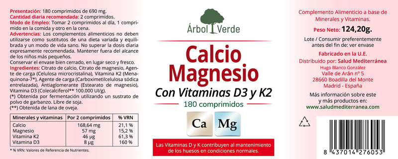 Etiqueta Calcio Magnesio con Vit D3 y Vit K2 - 180 Comprimidos. Árbol Verde. Herbolario Salud Mediterranea