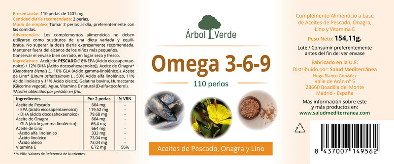 Etiqueta Omega 3,6,9 - 110 Perlas. Árbol Verde. Herbolario Salud Mediterránea
