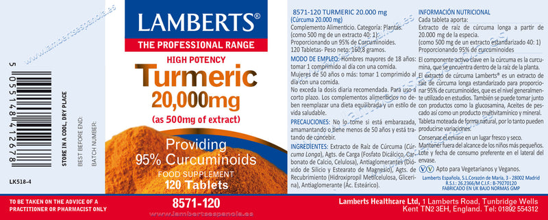 Turmeric 20.000 mg (Curcuma) - 120 Tabletas. Lamberts. Herbolario Slaud Mediterranea