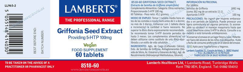 Etiqueta Extracto de Semillas de Grifonnia - 60 Tabletas. Lamberts. Herbolario Salud Mediterranea