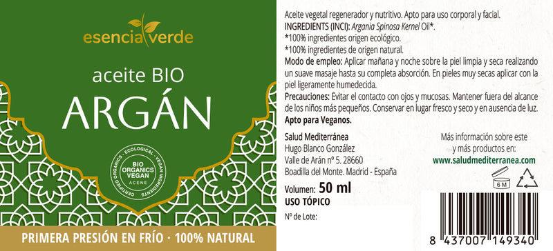 Etiqueta Aceite de Argán Ecológico - 50 ml. Esencia Verde. Herbolario Salud Mediterranea