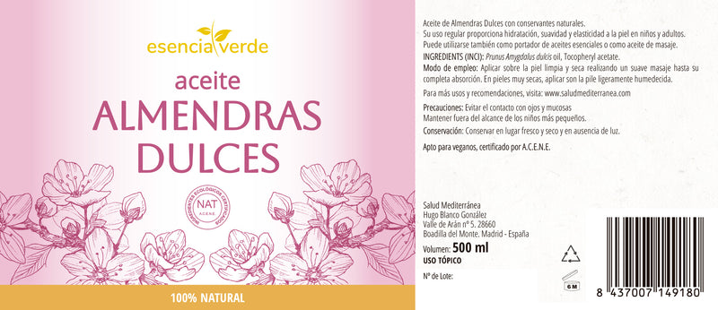 Etiqueta Aceite de Almendras Dulces 100% Vegetal - 500 ml. Esencia Verde. Herbolario Salud Mediterránea