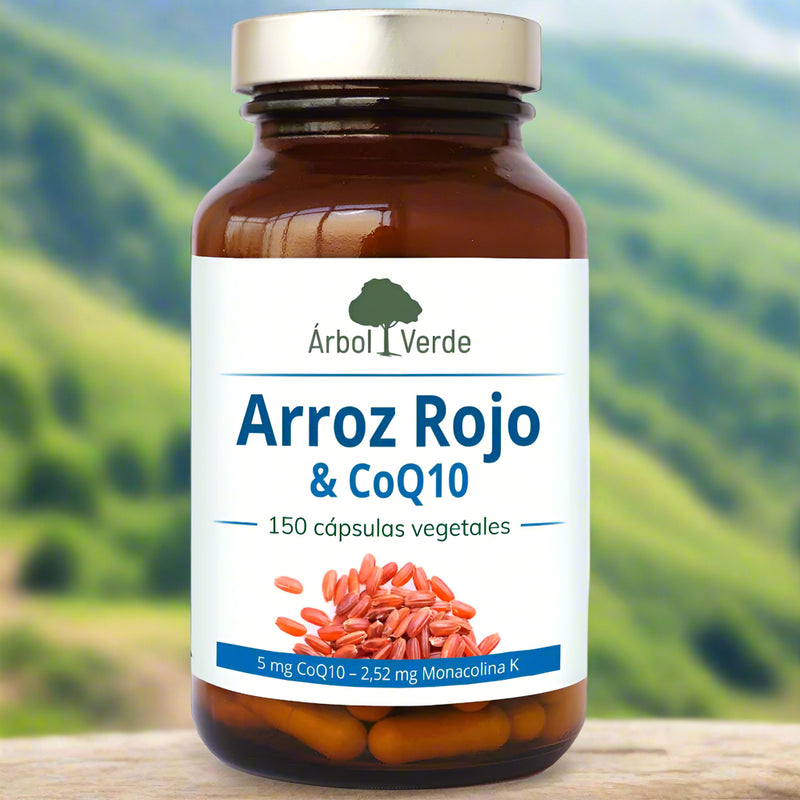 Arroz Rojo & Coenzima Q10 Árbol Verde de Salud Mediterránea en envase de vidrio.