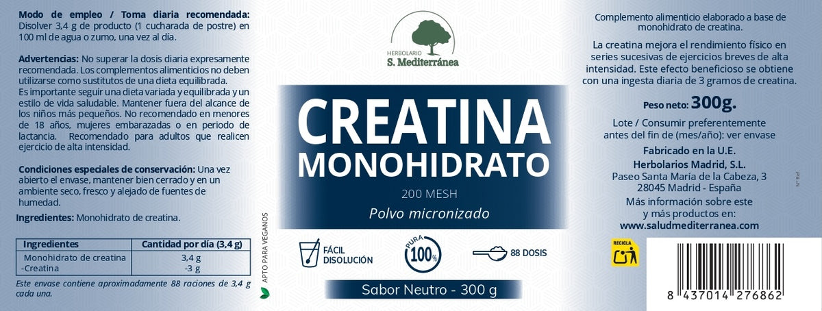 Creatina Monohidrato, 300 gramos, 200 mesh | Salud Mediterránea