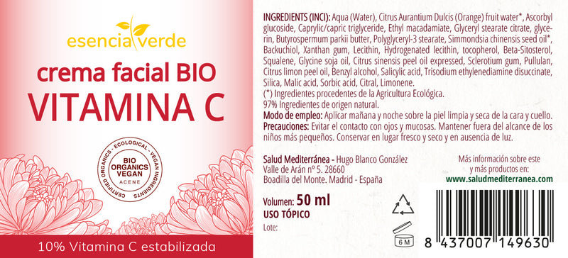 Etiqueta Crema facial Vitamina C BIO - 50 ml. Esencia Verde. Herbolario Salud Mediterranea
