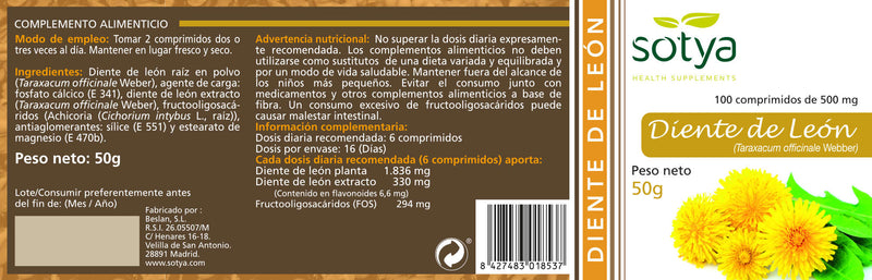 Etiqueta Diente de León - 100 Comprimidos. Sotya. Herbolario Salud Mediterranea