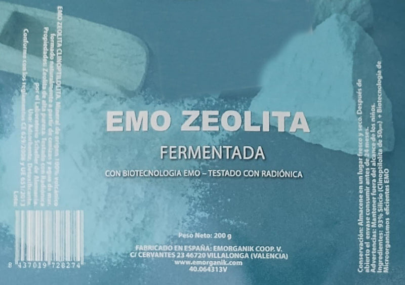 Etiqueta Emo Zeolita Clinoptilolita Fermentada - 200 g. Emo Organik. Herbolario Salud Mediterranea