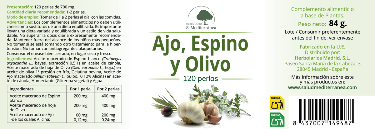 Etiqueta Ajo, Espino y Olivo, 120 perlas | Salud Mediterránea