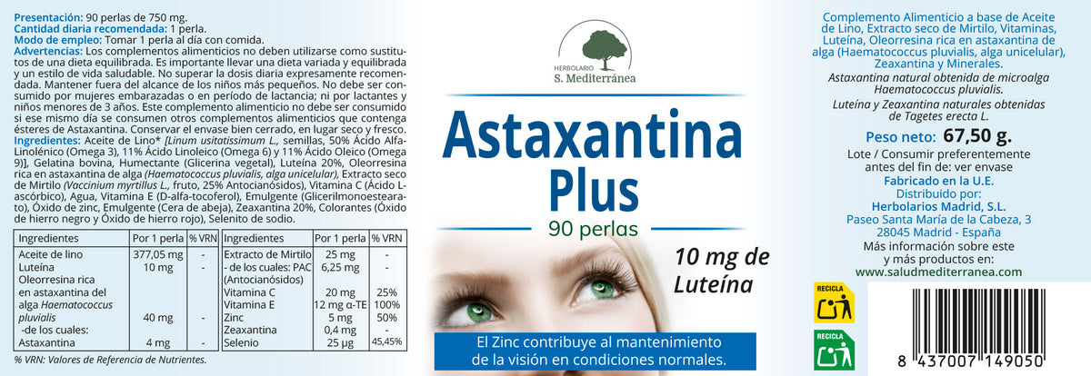 Etiqueta Astaxantina Plus, 90 perlas | Salud Mediterránea