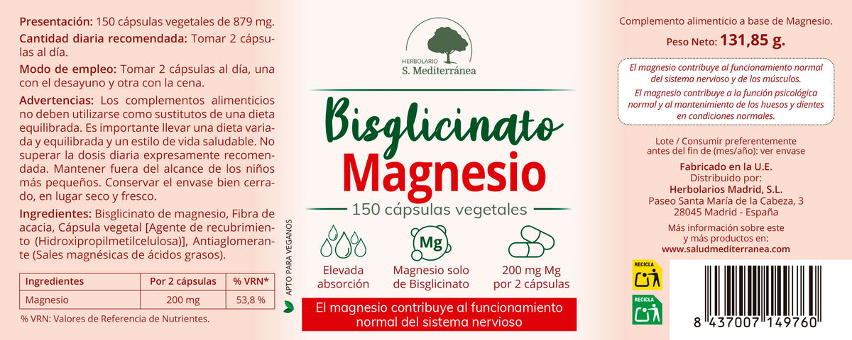 Etiqueta Bisglicinato de Magnesio, 150 cápsulas vegetales | Herbolario S. Mediterránea
