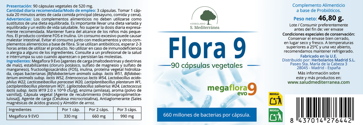 Etiquetal Flora 9, 90 cápsulas vegetales | Salud Mediterránea