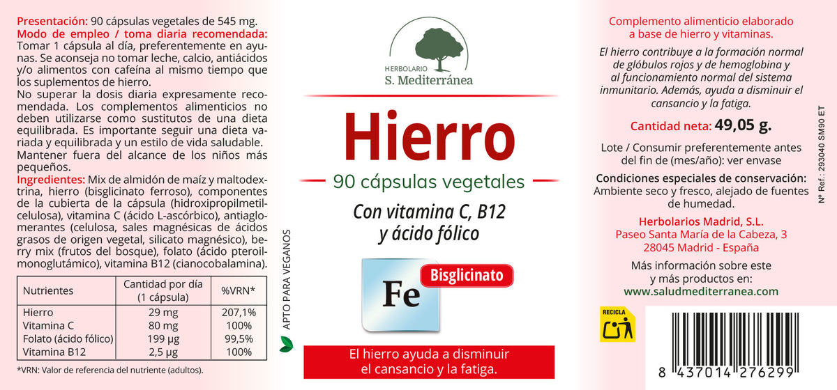 Etiqueta Hierro con vitamina C, b12 y ácido fólico, 90 cápsula vegetales | Salud Mediterránea