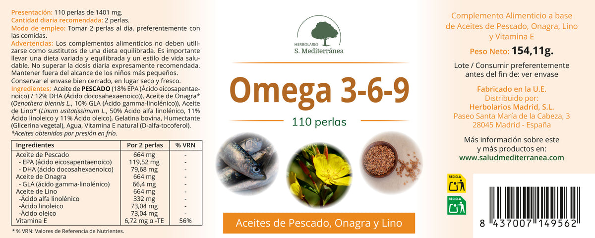 Etiqueta Omega 3-6-9, Aceite de pescado, onagra y lino | Salud Mediterránea