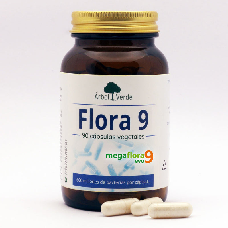 Flora 9. Mezcla de Pro y Prebióticos - 90 Cápsulas. Árbol Verde. Herbolario Salud Mediterranea