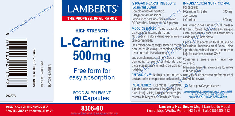 Etiqueta L-Carnitina 500 mg - 60 Capsulas. Lamberts. Herbolario Salud Mediterranea