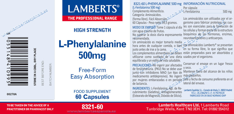L-Fenilalanina 500 mg - 60 Capsulas. Lamberts. Herbolario Salud Mediterranea