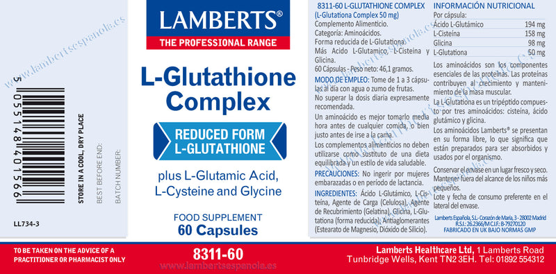 Etiqueta L-Glutationa Complex - 60 Capsulas. Lamberts. Herbolario Salud Mediterranea