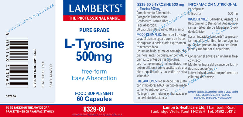 L-Tirosina 500 mg - 60 Capsulas. Lamberts