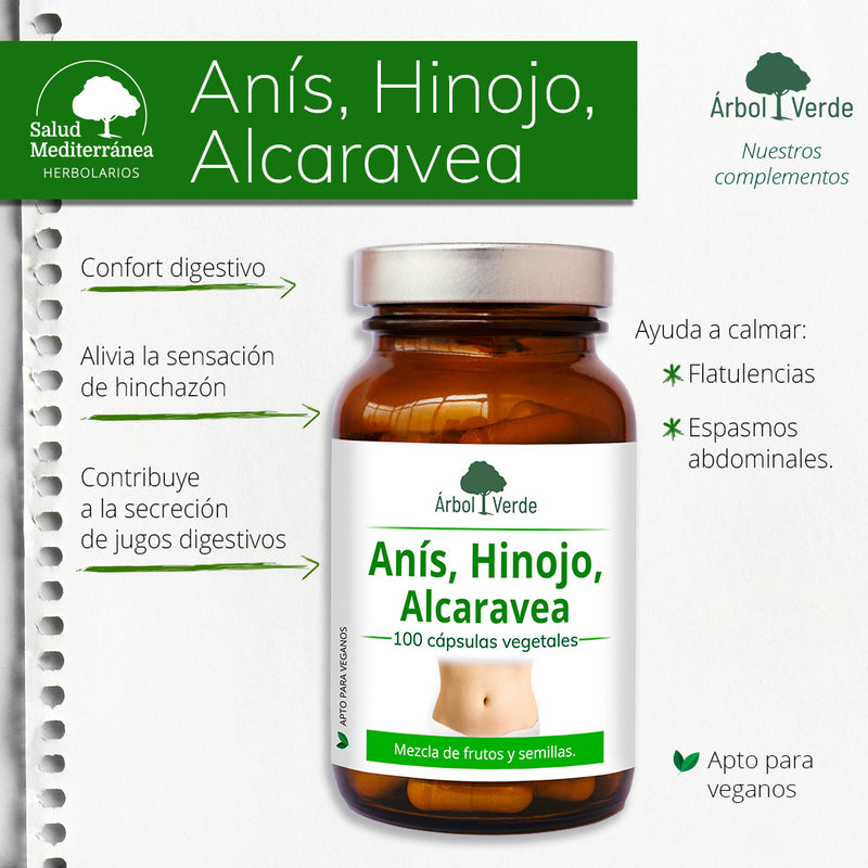 Monografico Anís, Hinojo & Alcaravea Estandarizado - 100 Cápsulas. Árbol Verde. Herbolario Salud Mediterráne