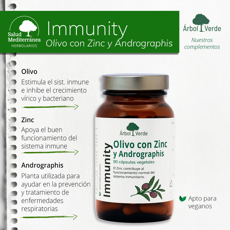 Monografico Immunity. Olivo con Zinc y Andrographis - 90 Cápsulas. Árbol Verde. Herbolario Salud Mediterranea