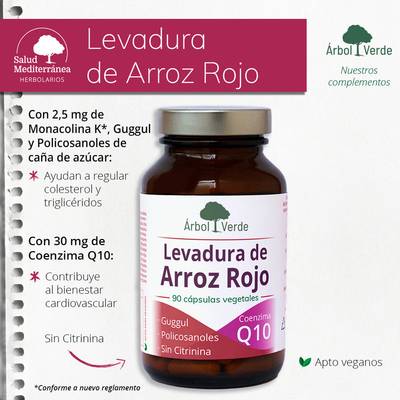Monografico Levadura de Arroz Rojo con Gugglu y Q10 - 90 Cápsulas. Árbol Verde. Herbolario Salud Mediterranea