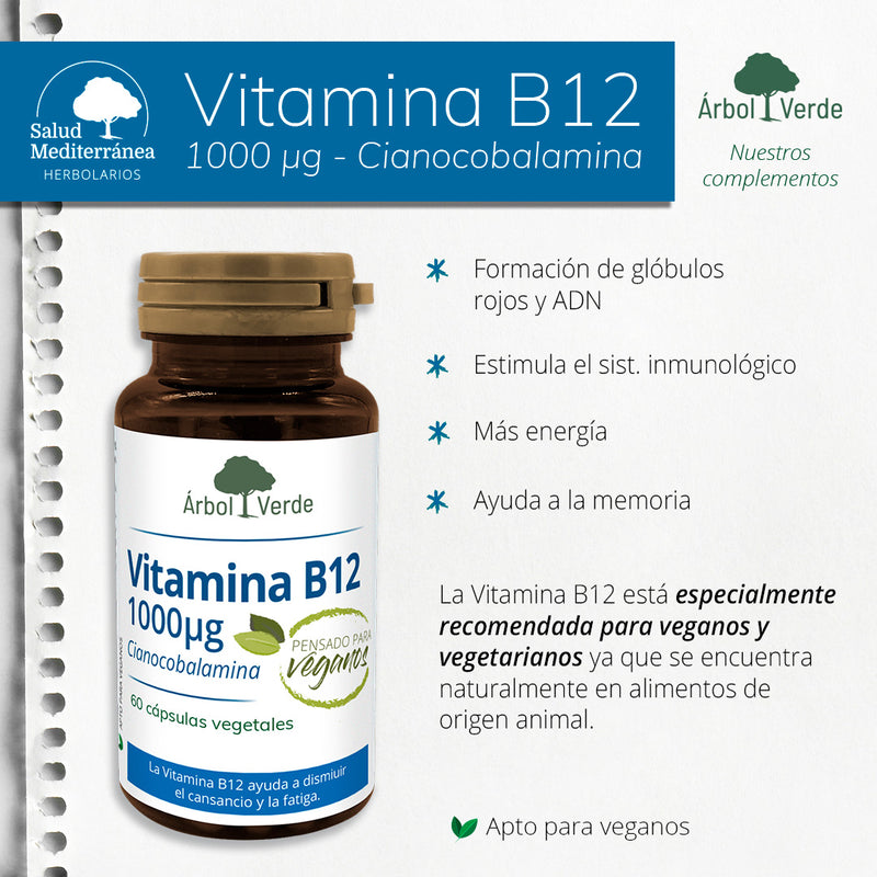 Monografico Vitamina B12 1000 mcg- 60 Cápsulas. Árbol Verde. Herbolario Salud Mediterránea
