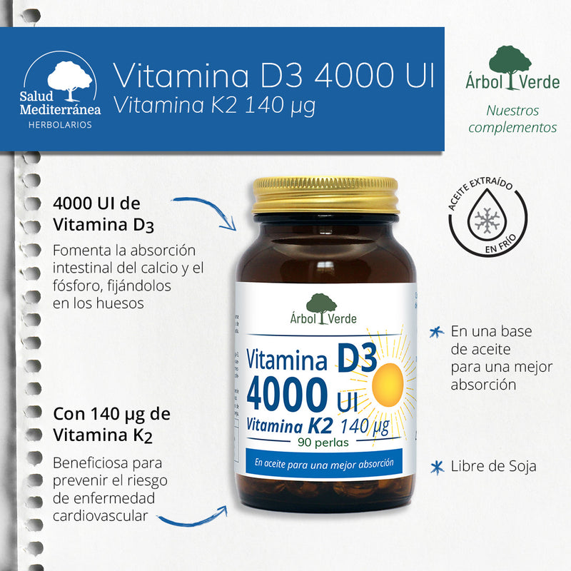 Monografico Vitamina D3 4000 UI + K2 - 90 Perlas. Árbol Verde. Herbolario Salud Mediterrranea