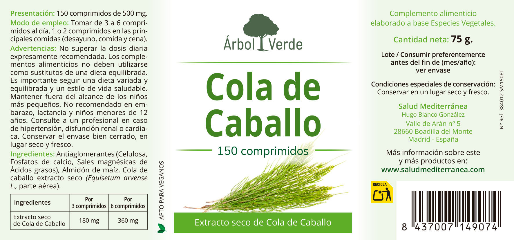 Cola de Caballo - 150 Comprimidos. Arbol Verde