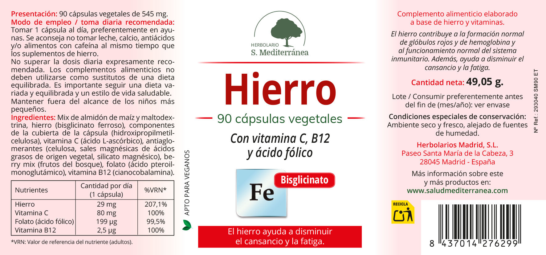 Hierro - 90 Capsulas. Herbolario S. Mediterránea