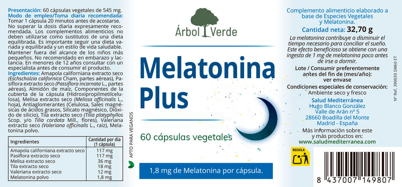 Etiqueta Melatonina Plus Árbol Verde de Salud Medierránea